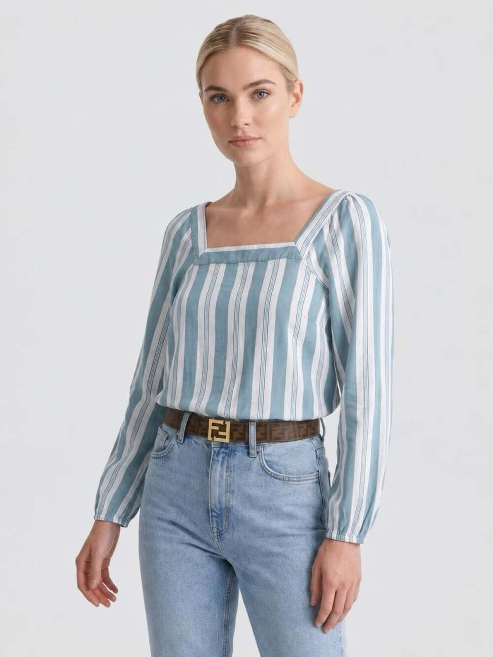 A.n.a Striped Square Neck Blouse Size M Blue White Puff Sleeve